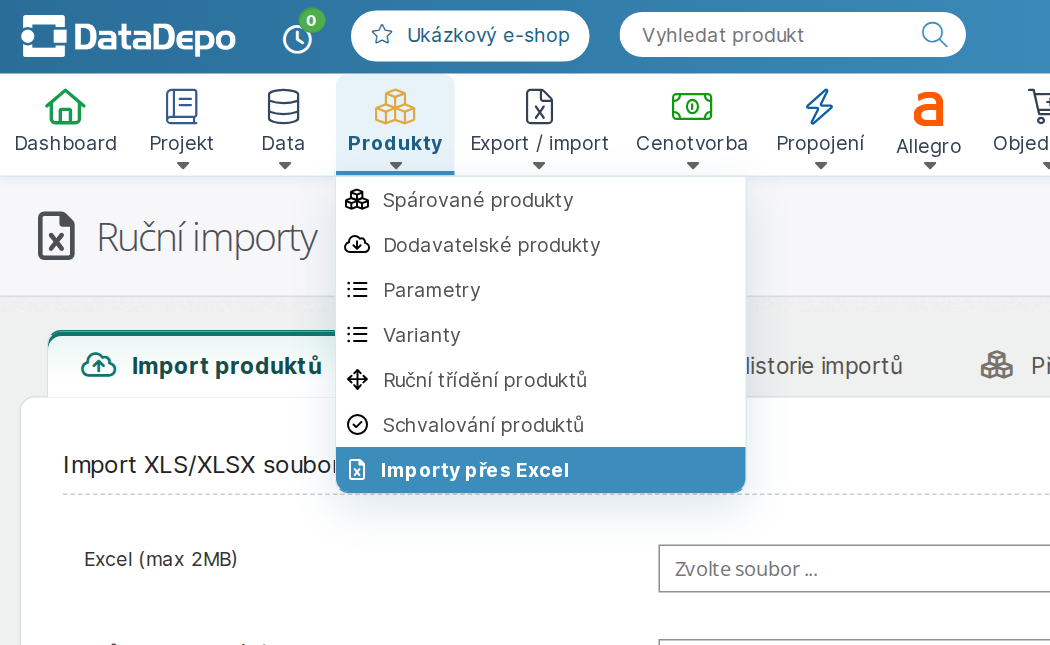 Menu Produkty > Importy přes Excel