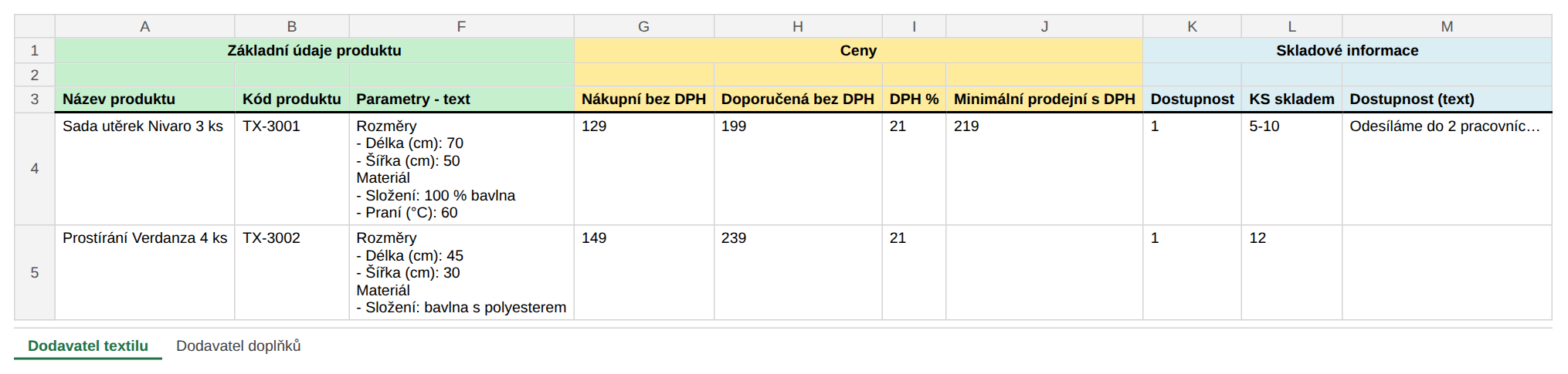 Ukázka Více dodavatelů: parametry v jedné buňce a dva listy pro dva dodavatele